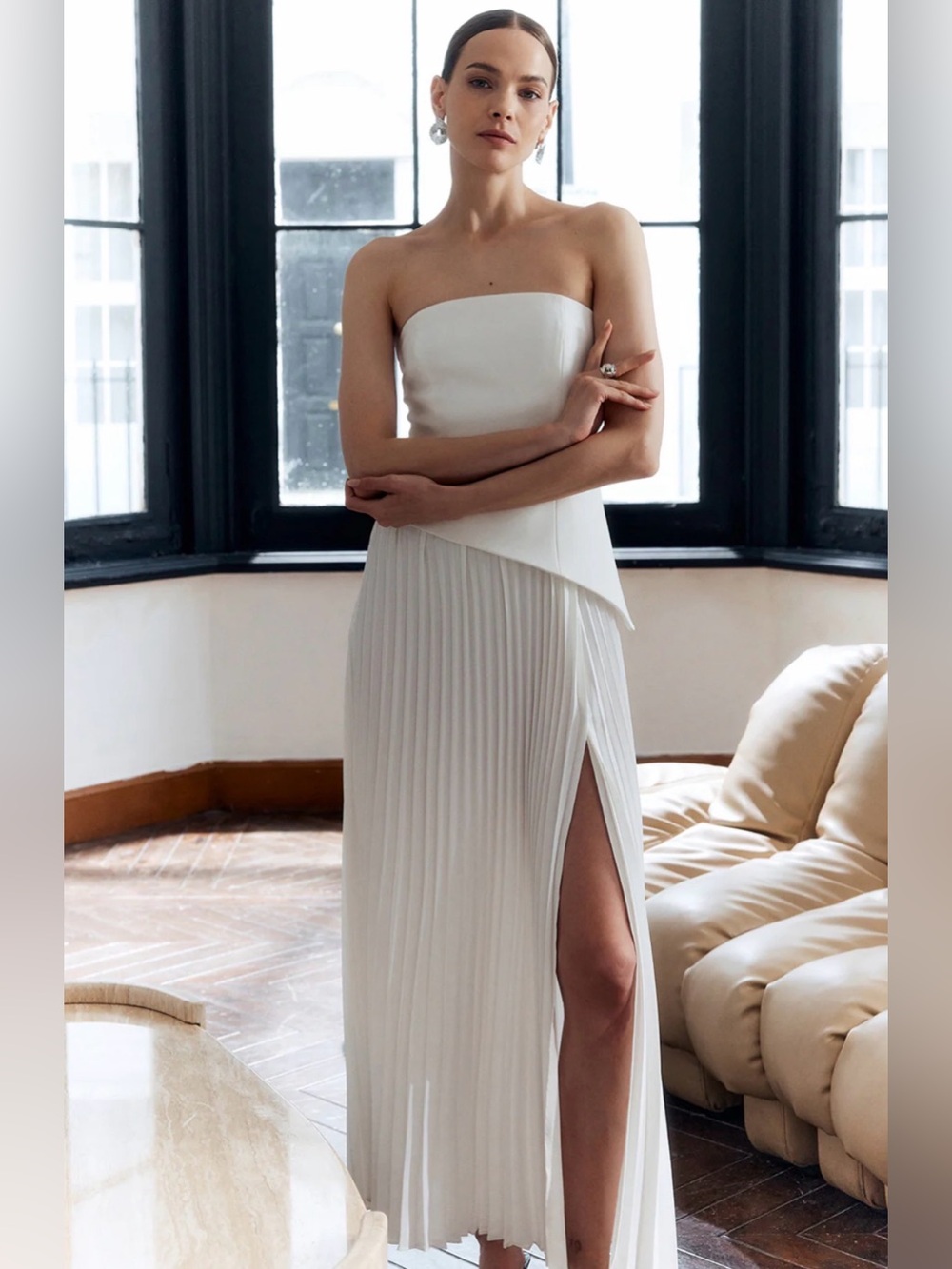 COMMENSE SIZE XL White Pleated Strapless Long Dress ASYMMETRICAL TOP FRONT SPLIT